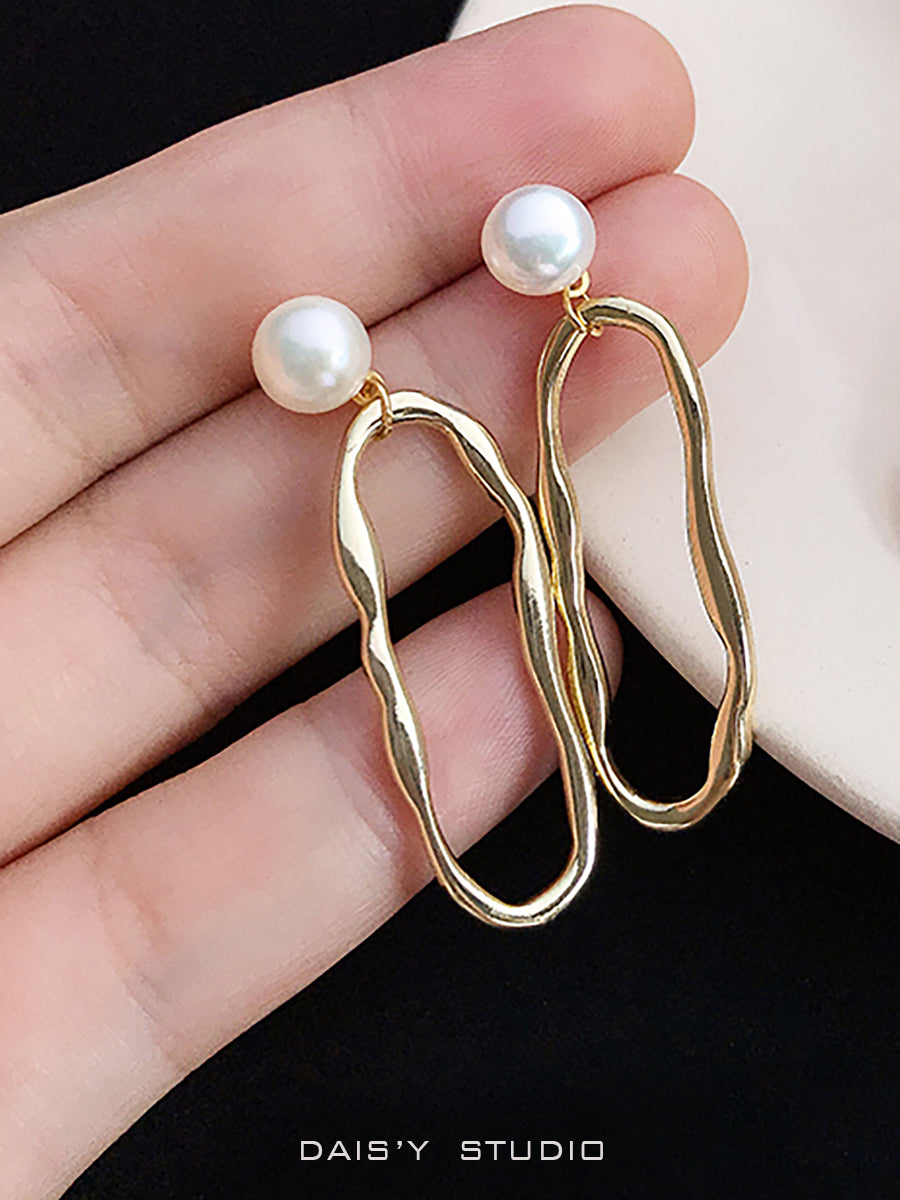 Natural Pearl Geometric Long Earrings